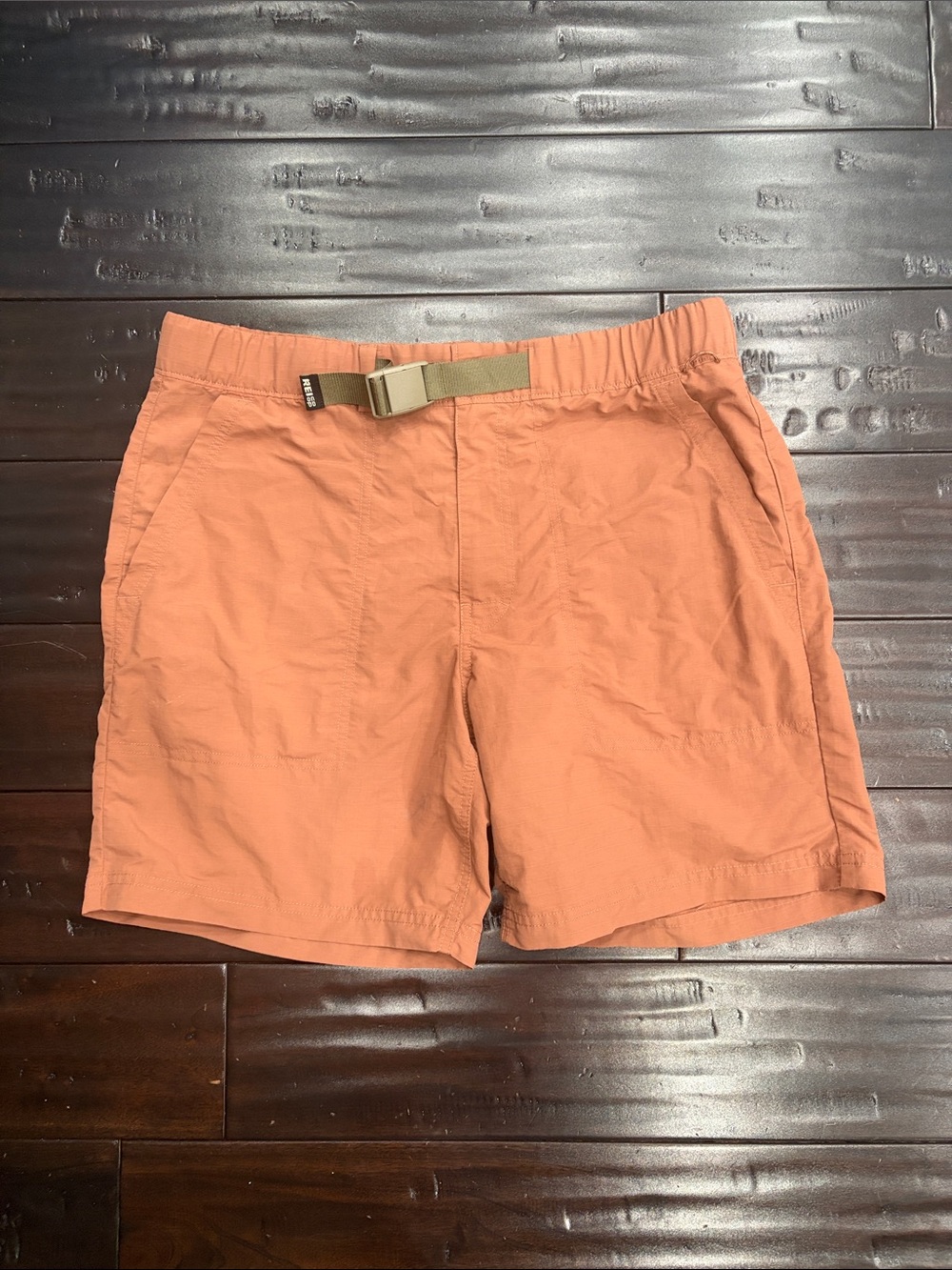 REI Men's Hybrid Shorts in Rust with Olive Webbing Belt